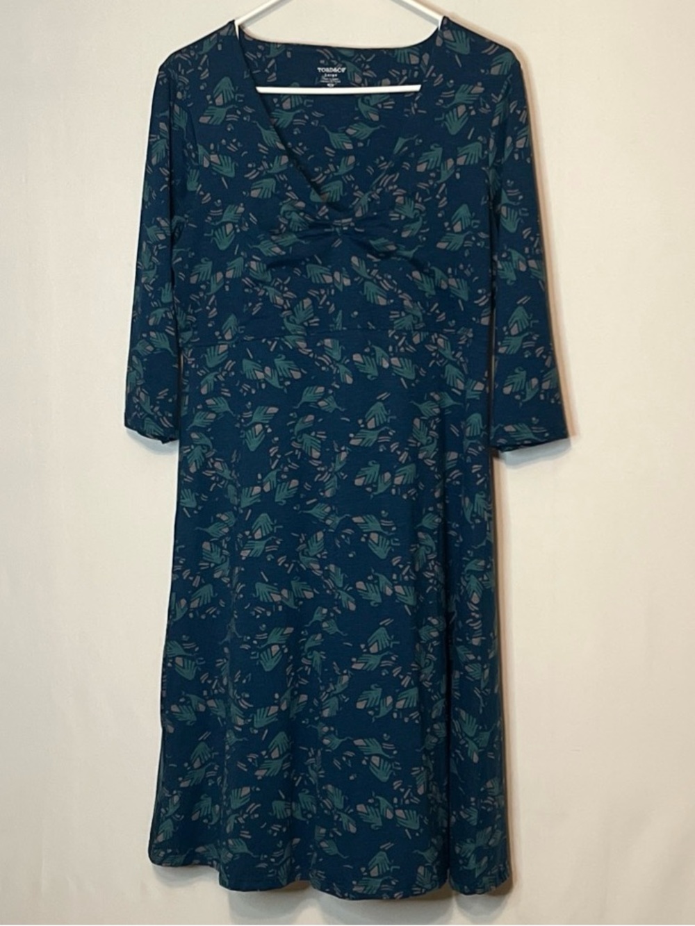 Toad & Co Blue Graphic Print 3/4 Sleeve Knee Length V-neck Dress Size Large.